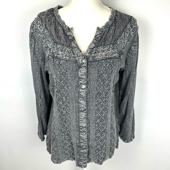 Solitaire Boho Blouse Embroidered & Lace Grey Button Up 3/4 Sleeves Large Grunge - Picture 1 of 12